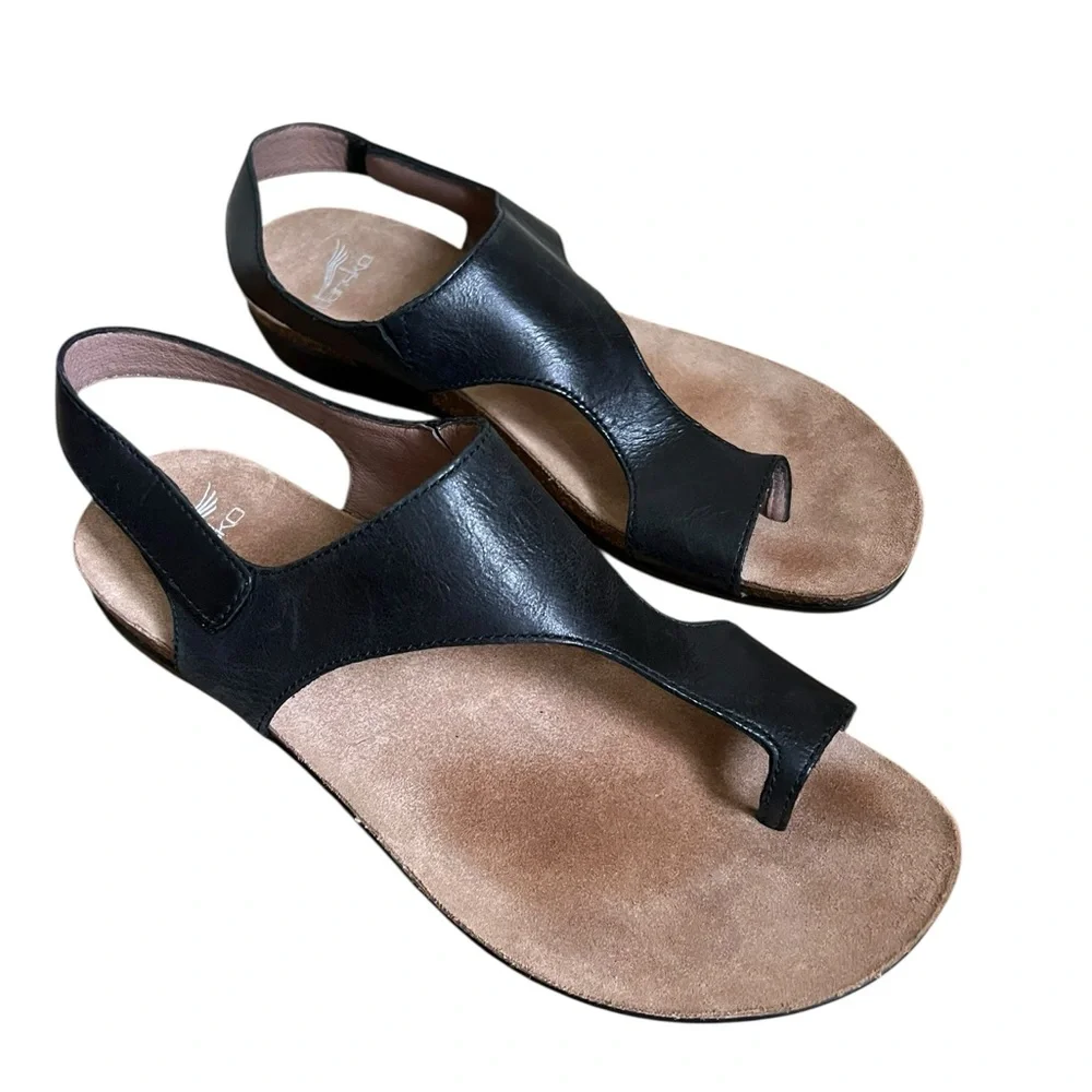 Women’s Sandy Dansko Reece Black Leather Open Toe Sandals Size 42 US 12 - Picture 2 of 6